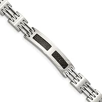 Jewels By Lux Polished Engravable Personalized Custom Stainless Steel Polished with Black Carbon Fiber Inlay ID Bracelet For Men Length 8.5 inches Width 10 mm With Fold Over Clasp