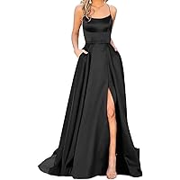 Women's Formal Evening Dress Spaghetti Satin Long Back Lace UP Prom Dresses with Pockets