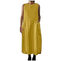 Women's Summer Casual Sleeveless Crewneck Swing Sundress Fit & Flare Flowy Cotton Linen Maxi Dress with Pockets