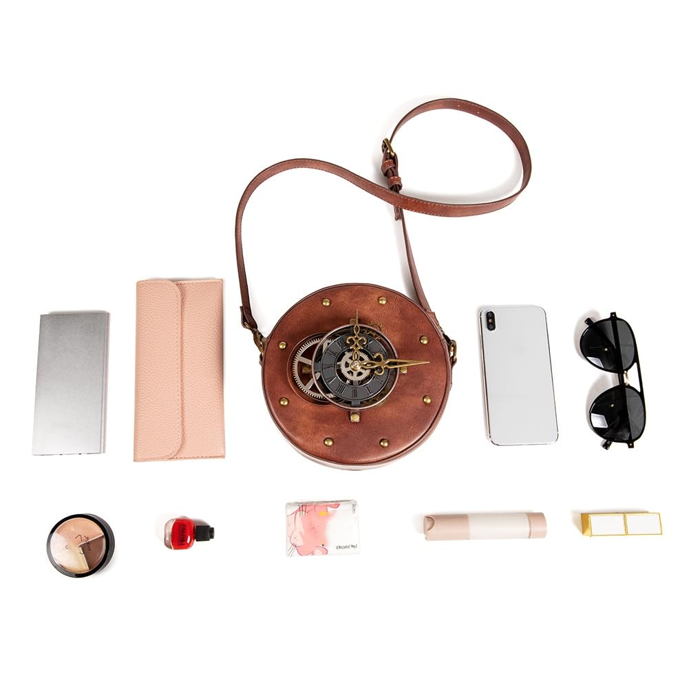 BaronHong Clock Shape PU Leather Retro Briefcase Steampunk Crossbody Shoulder Purse for Women Lolita Gothic Costume