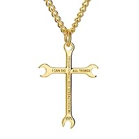 Shields of Strength 14K Gold Plated or Stainless Steel Men's Wrench Cross Pendant Necklace Inscribed with Philippians 4:13 Bible Verse - Gift For Mechanic