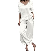 Women Satin Pajamas Set 2Piece Loose Loungewear Short Sleeve V Neck Pullover T-Shirts and Wide Leg Pants Sleepwear