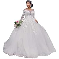 Plus Size Illusion Crewneck Bridal Ball Gowns with Train Lace Wedding Dresses for Women Bride Long Sleeve