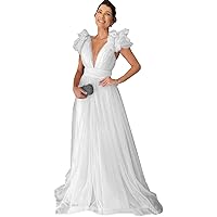 Tulle Prom Dress Sexy Long V-Neck Pleats Evening Gowns Open Back Women Wedding Masquerade Ball Gown