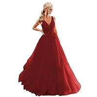TORYEMY Lace Appliques Tulle Prom Dress Long Spaghetti Straps Formal Dresses V Neck Ball Gown for Women