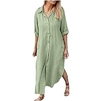 Womens 2024 Button-Down Long Sleeve Cardigans Maxi Dresses Summer Casual Cotton Linen Lapel Shirt Dress with Side Split