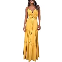 Women's V-Neck Trendy Glamorous Flowy Beach Solid Color Swing Dress Casual Loose-Fitting Summer Sleeveless Long