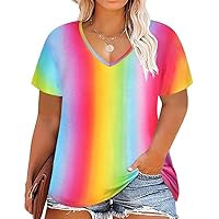 RITERA Plus Size Tops for Women Summer T Shirts V Neck Short Sleeve Casual Loose Basic Tee Tops with Front Pocket Rainbow 5XL 28W