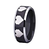 Legend of Zelda 8-Bit Heart Design Ring - 8mm Black with Silver Tone Edge Tungsten Wedding Ring -Free Inside Engraving