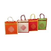 Jute Bags with Contrast kolam Print, Thamboolam Lunch Bag For Multicolor, Wedding Return Gifts, Size 10x9x4 Inches.