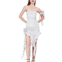 ISZPLUSH Women Sexy Sheer Mesh Dresses Irregular Tassel Strapless Long Dress 3D Flower Y2k Night Out Sleeveless Dress