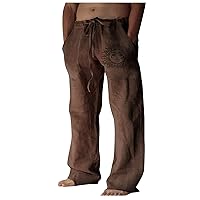 WENKOMG1 Mens Cotton Linen Pants,Wide Leg Drawstring Closure Pull On Trousers Loose Fit Baggy Lounge Wide Leg Bottoms