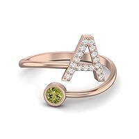 Capital A Initial Letter 3MM Round Shape Peridot Gemstone Women Ring Adjustable Front Open Ring Jewelry 925 Sterling Silver