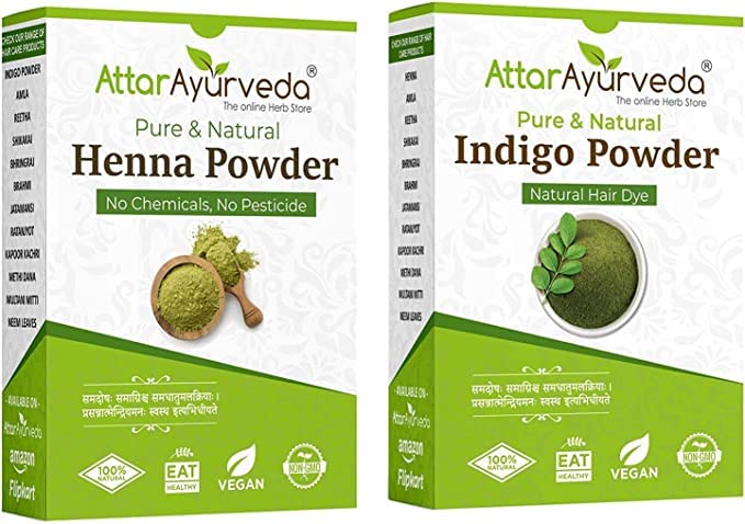 MIYUU Attar Ayurveda Natural Dye for Black Hair (Henna Leaves Powder, Indigo Leaves Powder Combo Pack) on