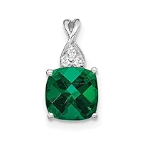 7mm 14k White Gold Checkerboard Created Emerald and Diamond Pendant Necklace Jewelry for Women