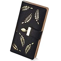 Women lady Long Leaf Bifold Wallet Leather Card Holder Purse Zipper Buckle Elegant Clutch Wallet Handbag (Black)