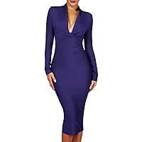 Whoinshop Women 's Draped Deep Plunged Long Sleeve Night Out Club Cocktail Party Dresses with Knee Length
