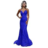 Women's Sparkly Sequin Prom Dresses Mermaid Long Formal Dress V-Neck Sequins Spaghetti Straps Evening Party Gown Royal Blue