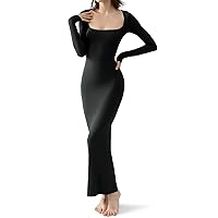 PUMIEY Women's Square Neck Long Sleeve Maxi Dress Ribbed Bodycon Dresses for Women Soft Lounge Dress