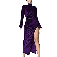 Women Velvet Bodycon Dress Fall High Neck Long Sleeve Slit Smocked Slim Fit Sexy Elegant Tight Casual Party Wrap Dress