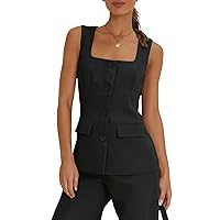 Tankaneo Women's Single Breasted Vests Square Neck Sleeveless Slim Fitted Work Office Waistcoats