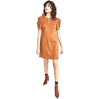 Womens Brown Zippered Pouf Sleeve Round Neck Above The Knee Party Shift Dress M