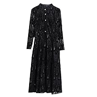 Black Lace Dress Spring Korean Nine-Point Sleeves Mesh Stitching Round Neck Mid-Length Large Size Base Dress