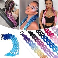 Hairro Colored Braids Hair Extensions with Rubber Bands, Rainbow Braided Synthetic Hairpieces Ponytail Hair Accessories for Women Kids Party Highlights Cosplay 24 Inch 2pcs/Pack