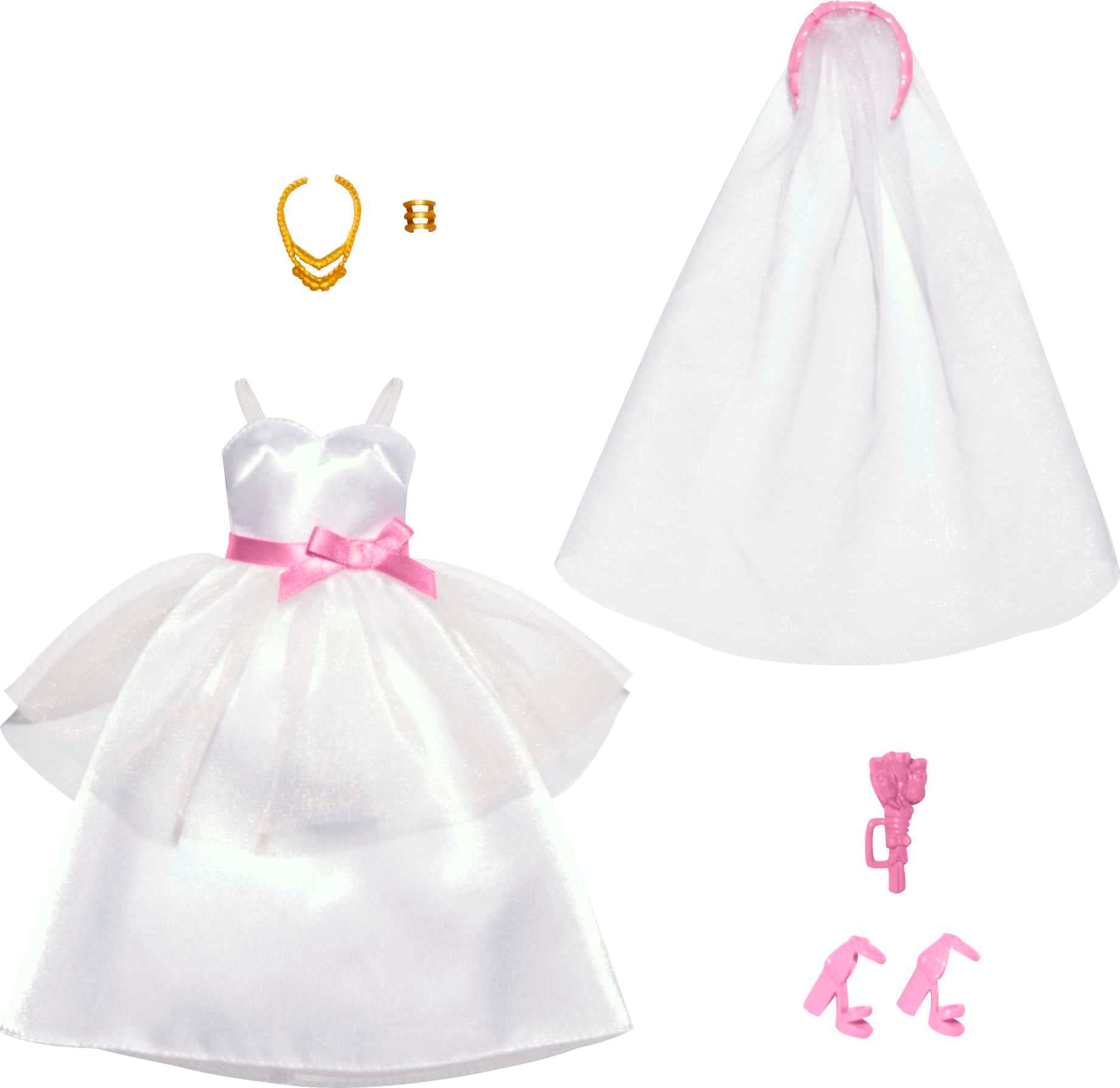 Barbie Fashions Doll Clothes and Accessories Set, Bridal Pack with Wedding Dress, Veil, Bouquet, Shoes and Jewelry