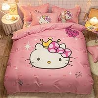 100% Cotton Kids Bedding Set Girls Hello Kitty Pink Duvet Cover and Pillow Cases and Fitted Sheet,4 Pieces,Full
