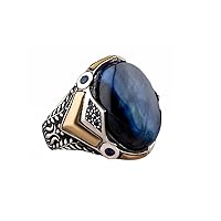 925 Sterling Silver Blue Tiger's Eye Stone Men Silver Ring, Blue Tiger's Eye Gemstone Mens Ring, Handmade Turkish Engraved Silver Ring for Men Gift for Him Gift for Men
