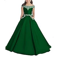 Girl's Satin Beaded Pageant Dress with Pockets A Line Off Shoulder Princess Ball Gown Green