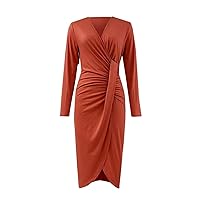 Ladies V Neck Waist Slim Long Sleeve Dress Solid Color Casual Dress Casual Summer Dresses for Older Women