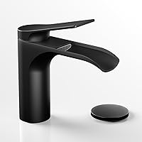 Matte Black Single Hole Bathroom Sink Faucet with 3 Hole Plate, Waterfall Spout Brass Modern 1 Hole Single Handle Deck Mount Faucet with Metal Pop-up Drain Stopper & Water Supply Hoses by RIVAMBER