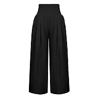 Women High Waisted Pants Cotton Linen Palazzo Pants Wide Leg Smocked Waist Long Pant Smocked Waist Trousers with Pocket Black