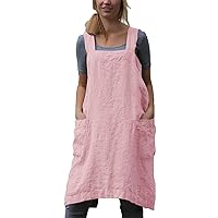 Cotton Linen Apron Cross Back Apron for Women with Pockets Pinafore Dress for Baking Cooking, Pink, X-Large