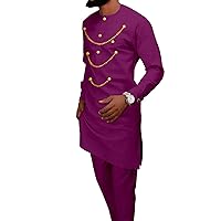 African Clothes for Men Three Chain Dashiki Coats and Ankara Pants 2 Piece Set Outfits for Wedding Evening