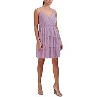 BCBGeneration Women's Fit and Flare Mini Cocktail Dress Adjustable Spaghetti Straps Surplice Neck Tiered Ruffle Skirt