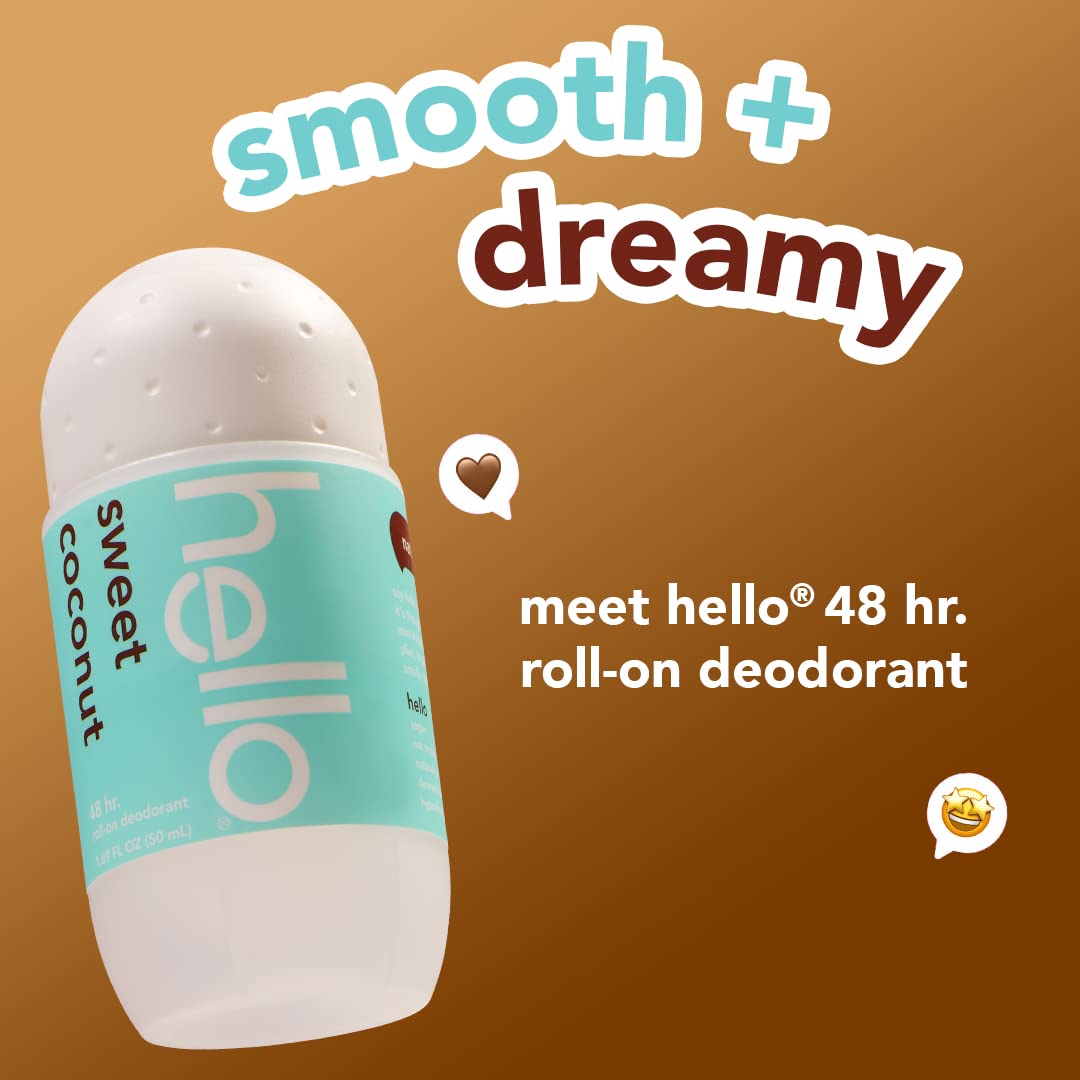 hello Sweet Coconut Roll On Deodorant, Aluminum Free Deodorant for Women + Men, 48 Hour Non Sticky Formula, Dries Quick and Leaves No White Residue, Travel Deodorant, 2 Pack, 1.69 oz Tubes