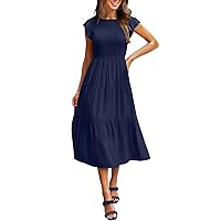 Women's 2024 Summer Casual Flutter Short Sleeve Crew Neck Smocked Elastic Waist Tiered Midi Dress Cocktail Dresses for Women Wedding Guest (A3-Navy,X-Large)