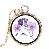 Handmade Spring Natural Purple Real Dried Flower Resin Round Glass 35mm Locket Pendant Necklace Beaded Chain For Women Jewelry