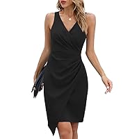 oten Women's Sleeveless V Neck Asymmetrical Bodycon Faux Wrap Cocktail Party Dresses Ruched Wedding Guest Formal Short Dress