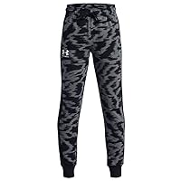 Under Armour Boys' UA Rival Printed Tappered Leg Ribbed Cuffs Joggers Sweatpants (Large) Black/Gray