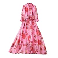 Women's Floral Print Pink1 Organza Dress Long Maxi Elegant Party Prom Dresses Single Breasted Vacation Robe
