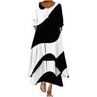 Women's Double Layer Maxi Dress 3/4 Sleeve Casual Irregular Hem Button Shirt Dress Loose Flowy Long Dress with Pockets