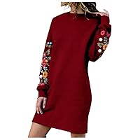 Women Fall Dress Floral Embroidery Long Sleeve Crewneck Tunic Oversized Sweatshirt Short Mini Dress Pullover Jumper