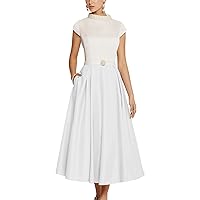A-Line Simplicity Mother of The Bride Dress High Neck Tea Length Short Sleeve Wedding Guest Dress Pearls 2024
