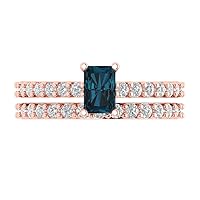 Clara Pucci 1.41ct Emerald Cut Solitaire Natural London Blue Topaz Engagement Promise Anniversary Bridal Ring Band set 18K Rose Gold