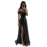 Off The Shoulder Satin Bridesmaid Dresses A Line Ruffled Prom Formal Dress with Slit