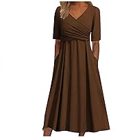 XJYIOEWT Women's Casual Dresses,Women's Casual V Neck Short Sleeved Pleated Loose Vintage Dress Beach Long Skirt Womens